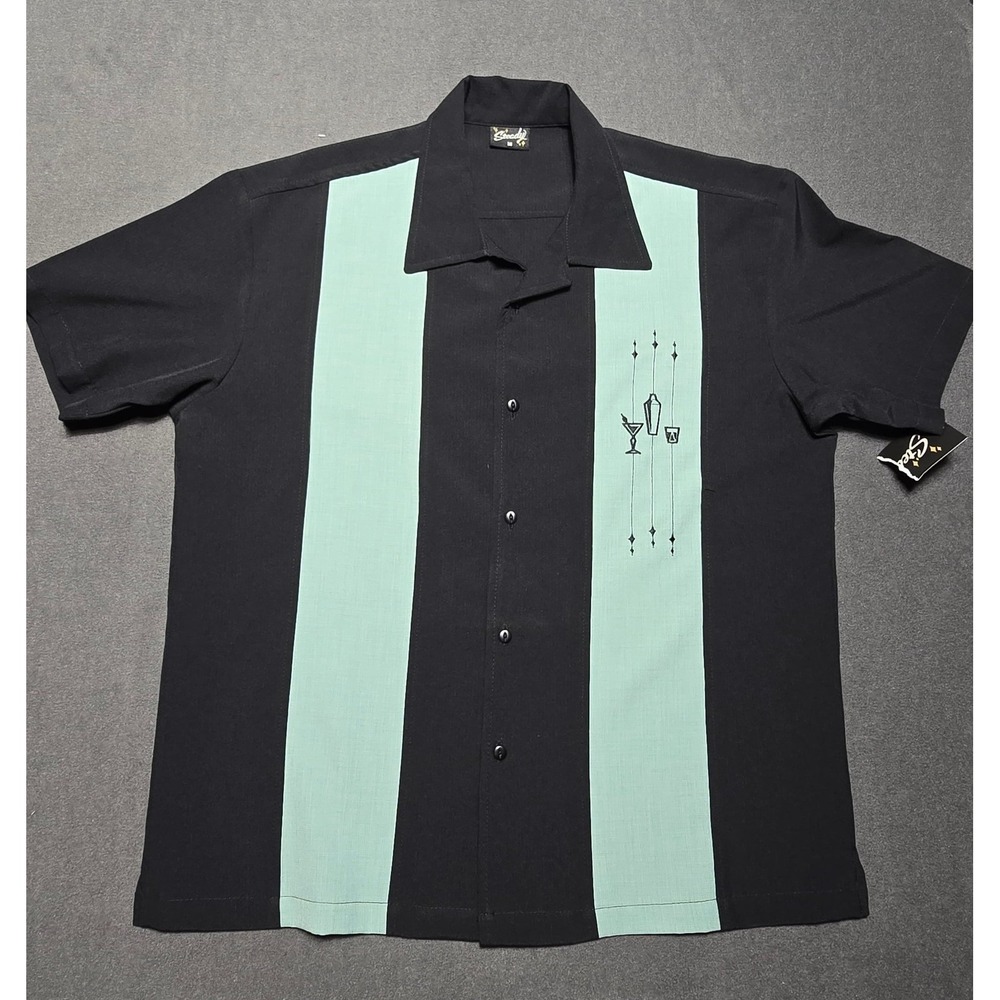 Steady Mens Bowling‎ Shirt Cocktail Rockabilly Atomic Lounge Black Mint Medium